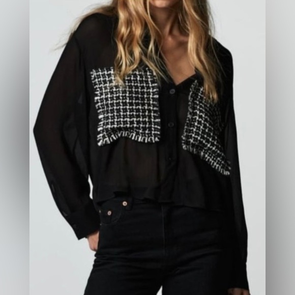 Tops - 58. Zara Black Sheer Tweed Button Up Shirt